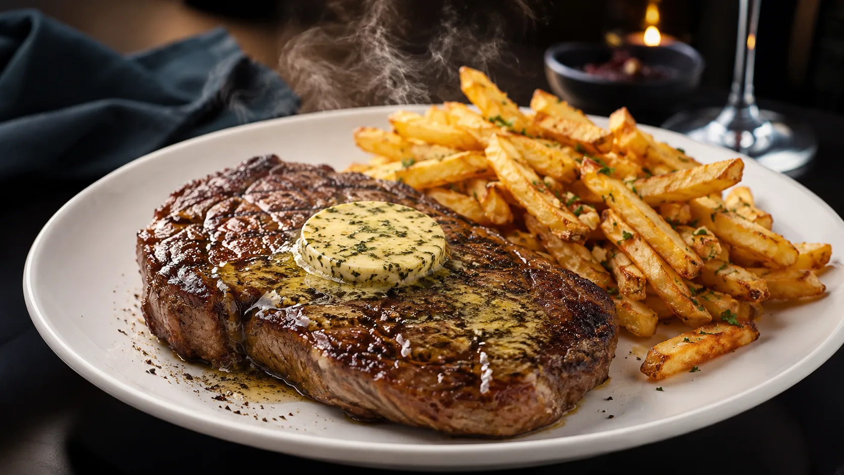 Minute steak with café de Paris butter and garlic fries